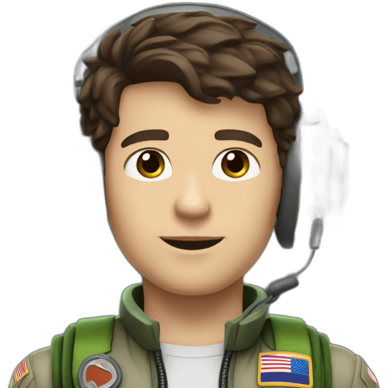 A young white male tennager with dark brown hair and brown eyes in a pilot suit and wearing a green Pilot headset emoji