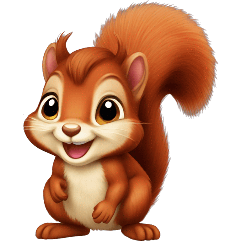 Cute baby red squirrel face smiling with bushy tail, whole squirrel emoji