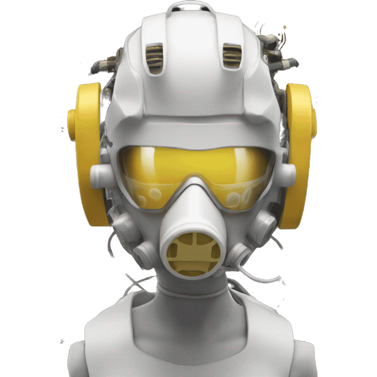 Dark yellow Mohawk female cyborg head with white respirator mask and circuits emoji