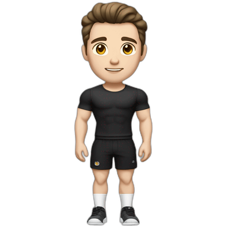 Pale skinned Fit Man With the biceps and dark brown hair in black shirt, gray sports shorts and white Sneakers emoji