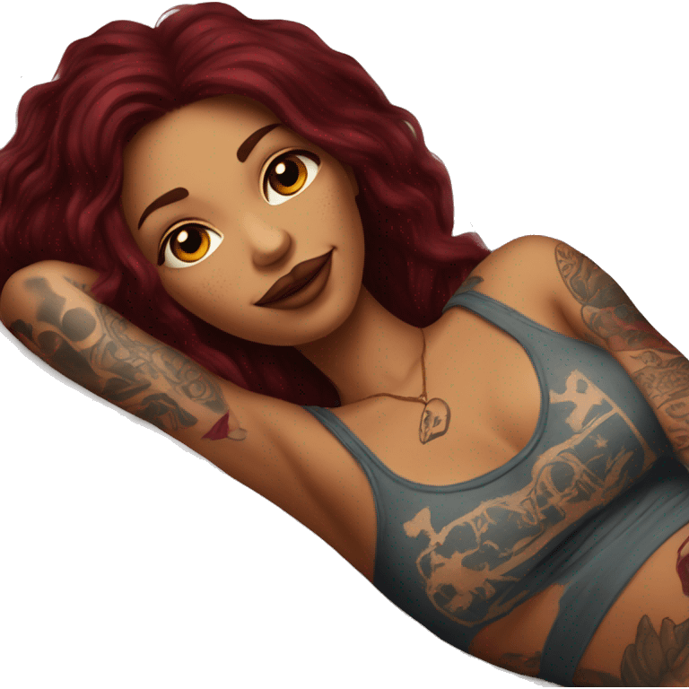 Beautiful tattooed burgundy long haired woman laying on the bed emoji