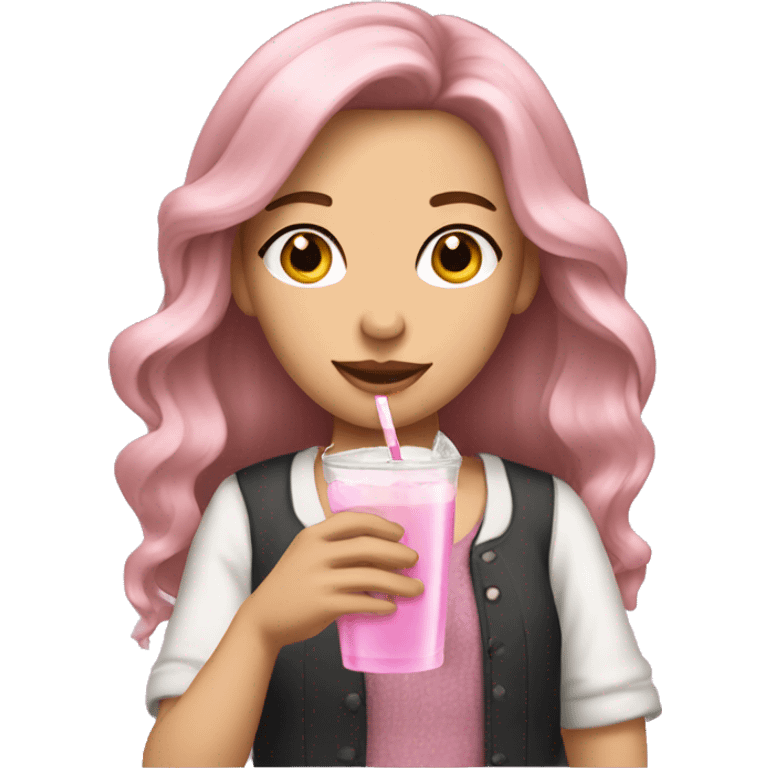  brunette girl with long hair and light pink hair bows and clothes holding a drink emoji