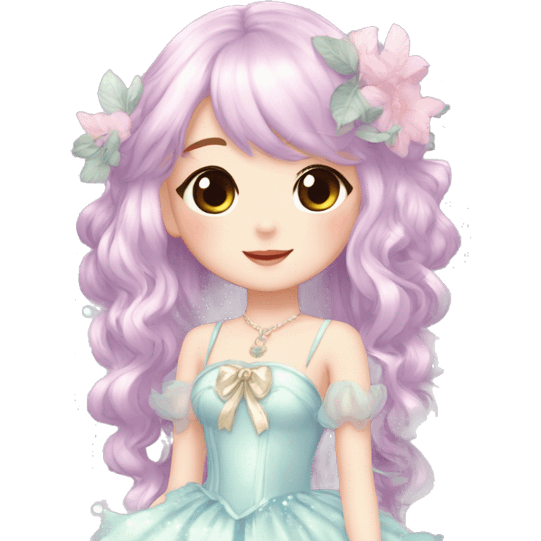 Dreamy pretty elegant kawaii cute shiny blushing shy anime lady kawaii beautiful hair naturecore fairycore cottagecore jewels trending aesthetic full body emoji