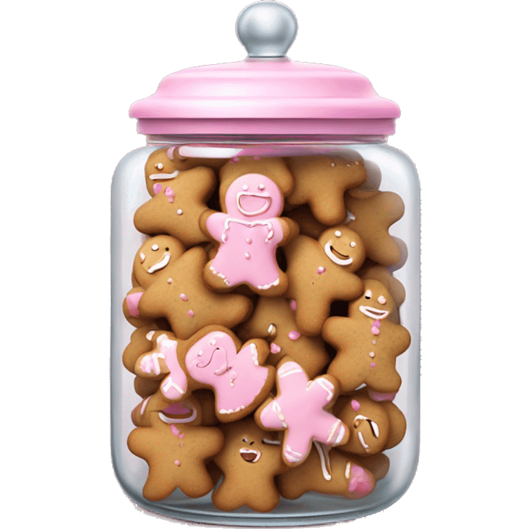 Realistic glass cookie jar with light pink lid full of gingerbread cookies isolated.  emoji