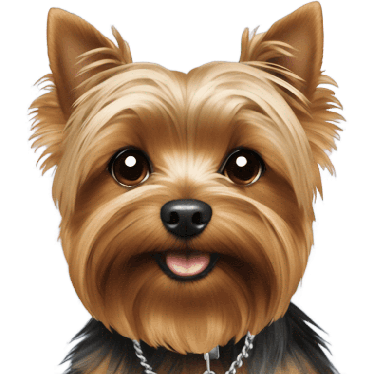 Yorkie with a dog tag that says Theo emoji