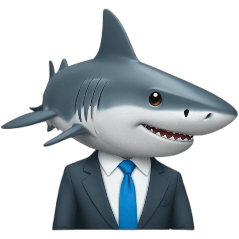 A shark wearing a suit looking straight while sitting at a brown table with a blue tie emoji