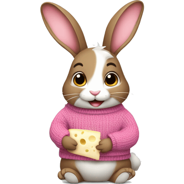 Cute rabbit: a brown rabbit wearing a pink sweater . Eating a gorgonzola cheese emoji