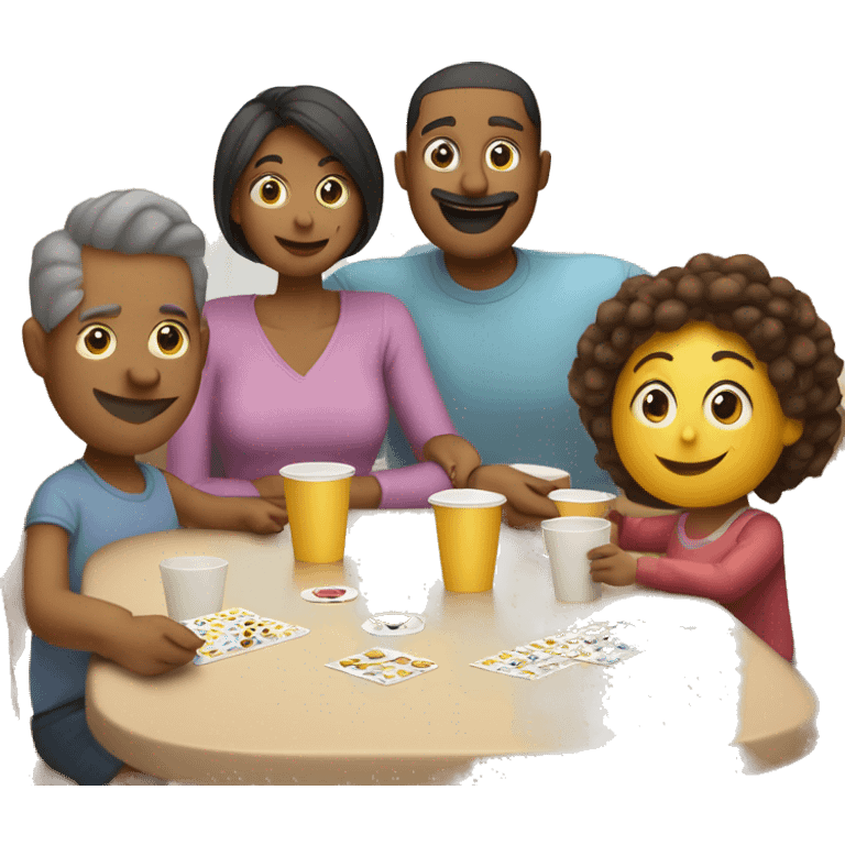 An emoji of a family—mother, father, and child—sitting at a table, playing a cup game with paper cups arranged on the table as they have fun together emoji