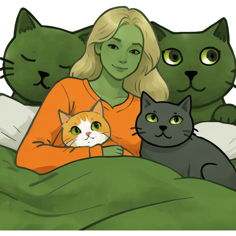 Blonde woman in bed with a golden retriever and a dark gray cat and an orange cat emoji