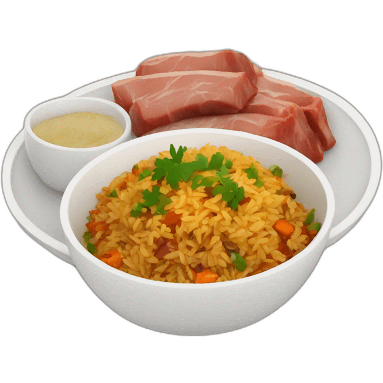 a bowl of Uzbek pilaf with brown pieces of meat on the plate emoji