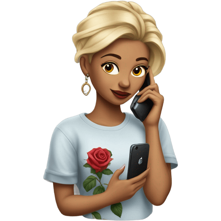 Hyper Realistic beautiful woman model with a small rose tattoo talking on a phone  emoji