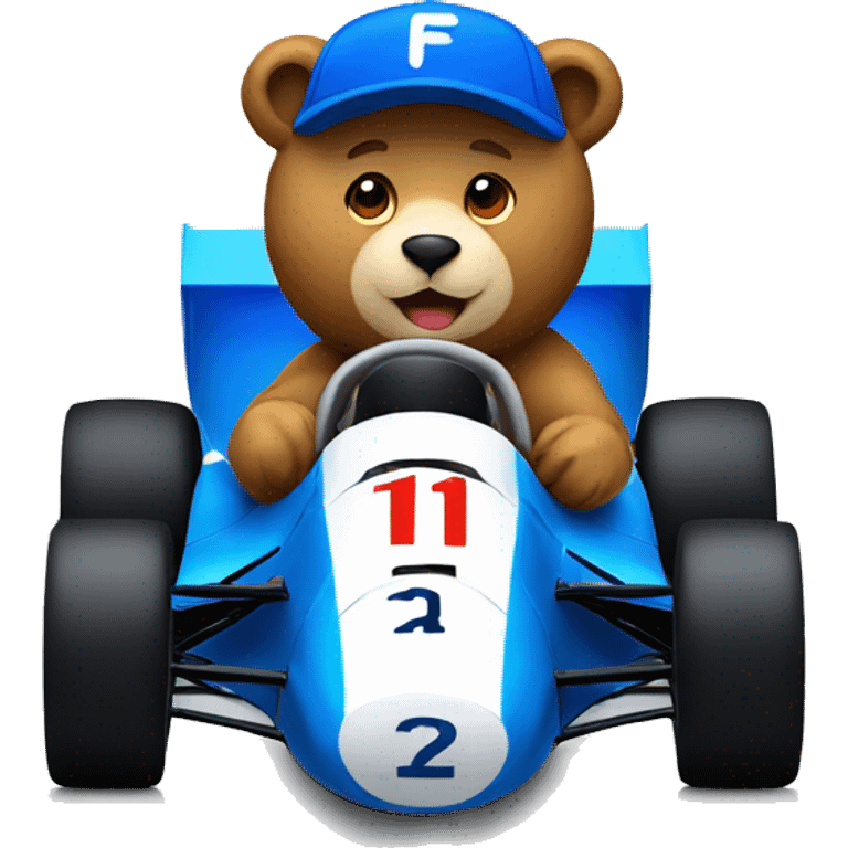 Please make an emoji of a bear driving an F1 race car with a blue baseball cap emoji