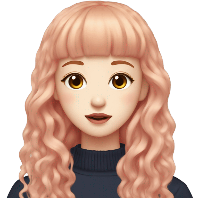 Minju Illit: clear and soft eyebrows, big eyes with big pupils, monolids, soft pink lips,pale and clear skin, long wavy ginger hair with bangs emoji