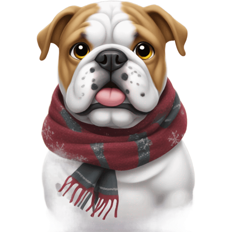 Bulldog wearing a scarf in the snow emoji