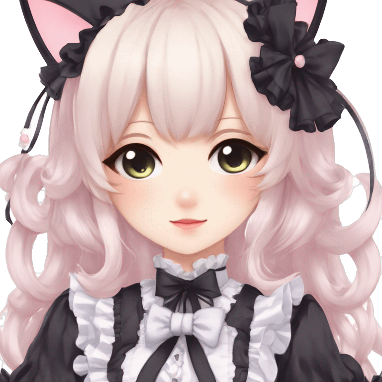 Gorgeous gothic Lolita anime style catgirl with blushing face with maid outfit laces headdress idol model kawaiicore pastelcore cottagecore pearly petite simplistic aesthetic trending style emoji