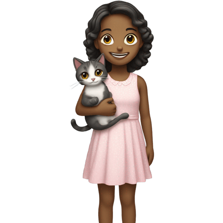 smiling girl in dress with cat emoji