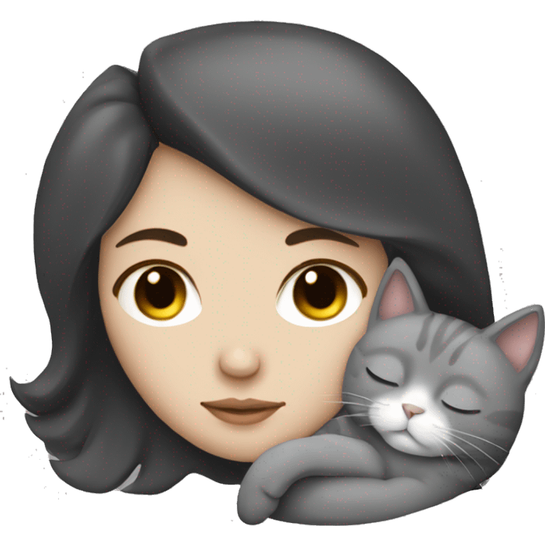 White Girl dark hair sleeping with grey cat emoji