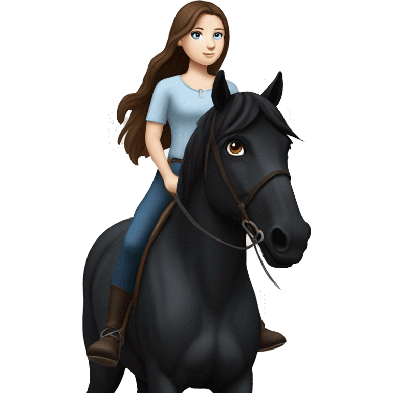 Girl with white skin, blue eyes and brown hair riding a Black horse with long mane and dark eyes. We see them from the side, they are causally walking emoji