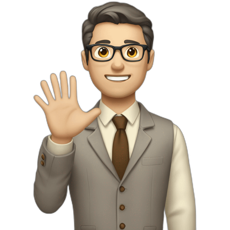 To belt Actively gesturing with hands Pale skinned fit man with dark brown hair in gray jacket, beige office shirt, brown tie, brown pants and vintage glasses. emoji