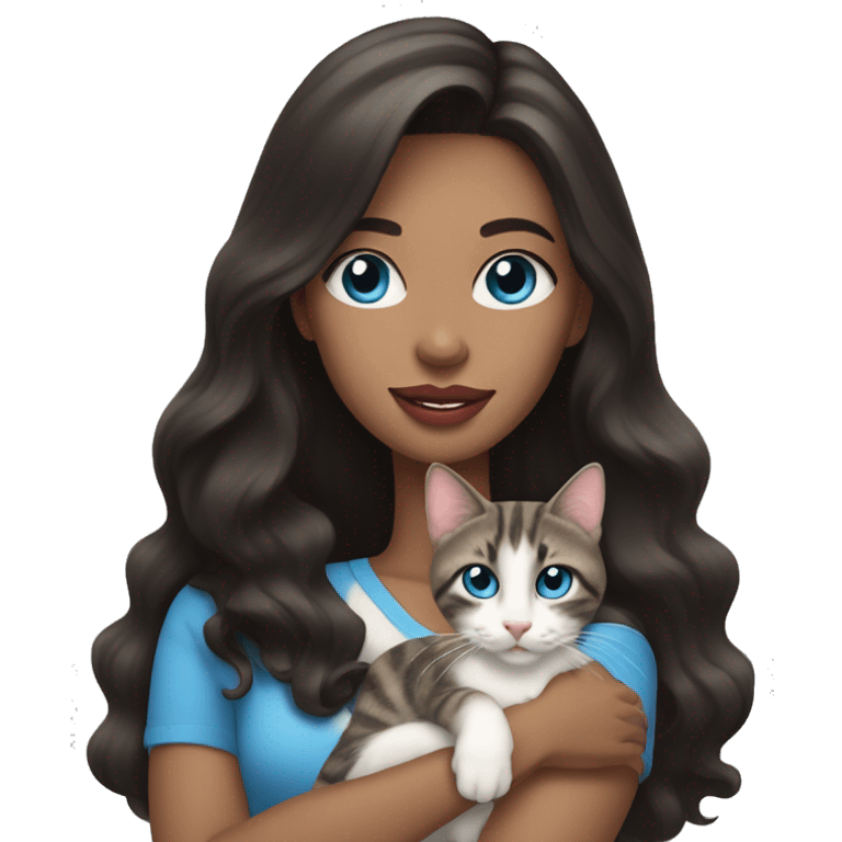 woman with long dark hair, pink lips,and blue eyes holding a tabby cat emoji