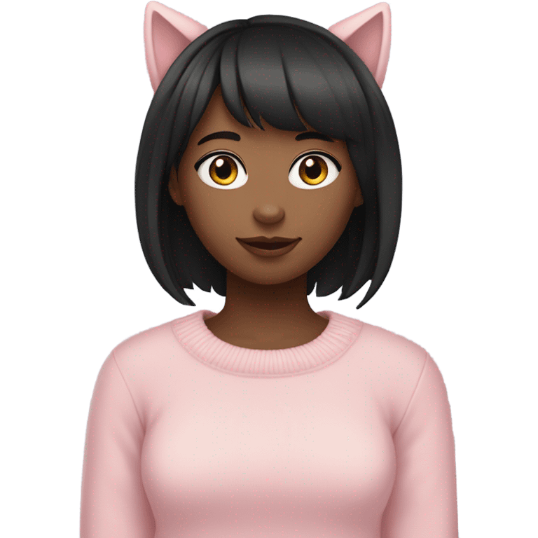 girl fair skin, black hair and bangs, cat ears and sweater pink soft  emoji