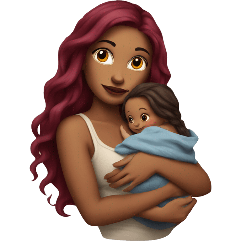 Beautiful tattooed burgundy long haired woman holding a baby emoji