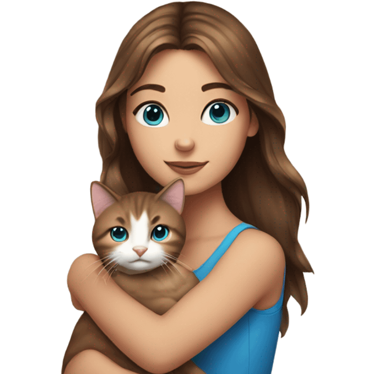 gorgeous girl with blue eyes and brown hair holding a cat emoji