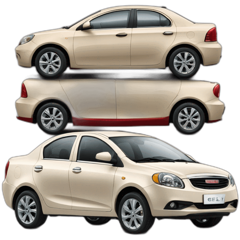 Car Geely CK in beige color next to Aveo in red color emoji