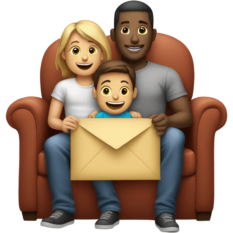 2 young kids sitting on fathers lap on sofa opening up an envelope emoji