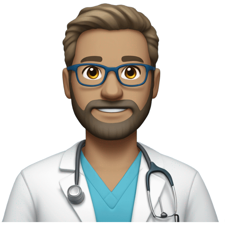 male dark blond haired doctor in scrub cap with grey van dyke beard with hazel eyes and small wire-rimmed glasses in blue scrubs holding a large paintbrush emoji