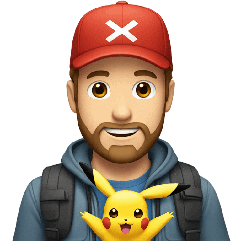 white man with brown hair and beard and a red cap, holding and a pikachu pokemon emoji