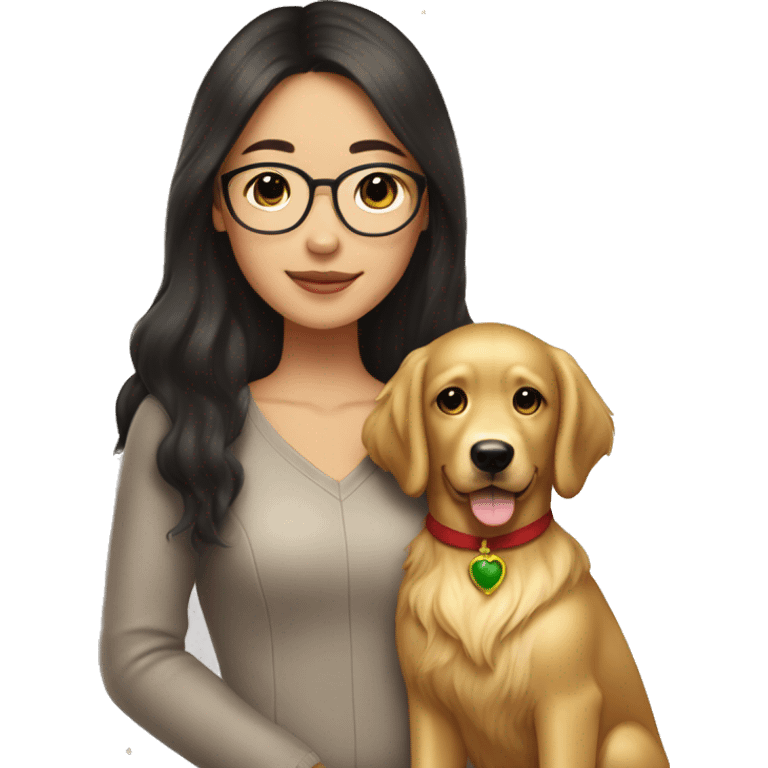 christmas Asian Girl with long glamorous dark brown hair and medium brown eyes and golden eyeglasses holds her pet golden retriever emoji