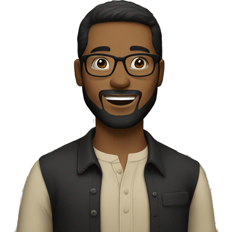 A man with glasses, short dark hair, and a beard wearing a black button-up shirt and light colored pants, standing in front of a colorful background with text. emoji