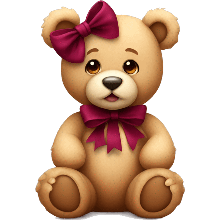 Cute sitting teddy bear with burgundy bow emoji