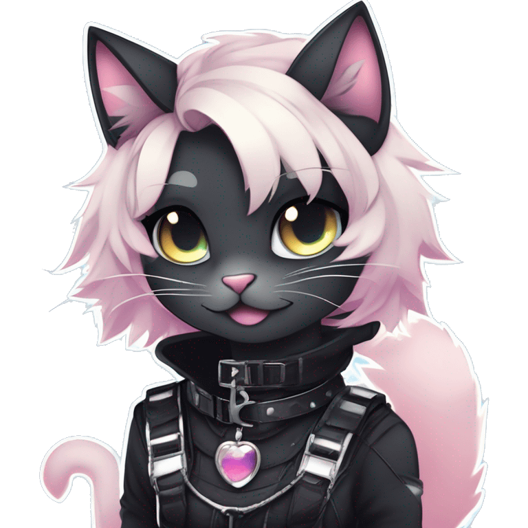 Gorgeous sparkly legendary gradient gothic dark techwear anime style anthro cat with blushing face aesthetic and pretty edgy black with collar and harness trending style emoji