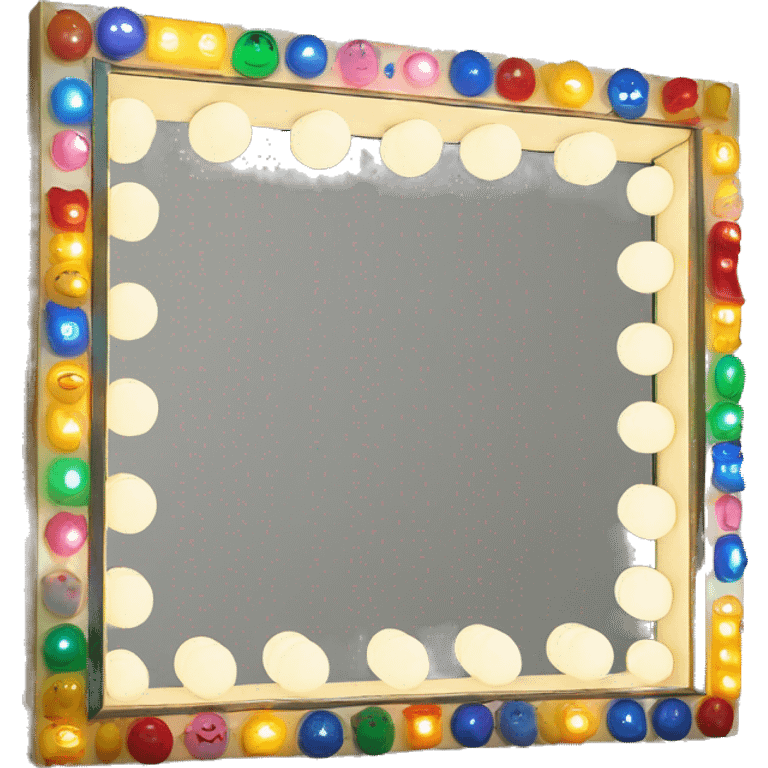 Vintage fun house mirror with lights around the mirror fram emoji