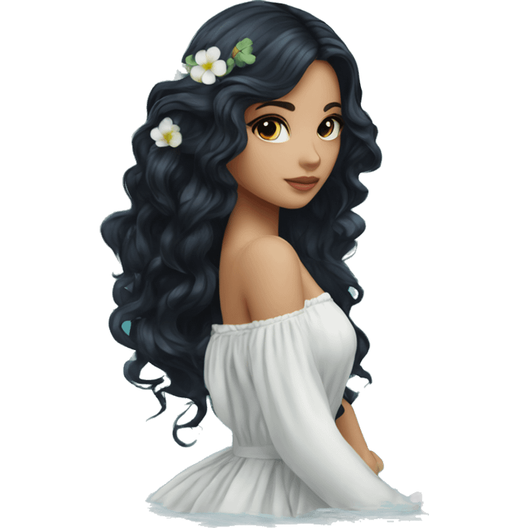 Pretty young Lady doll posing posed pose with long black hair flowers in hair white dress surrounded by flowing water emoji