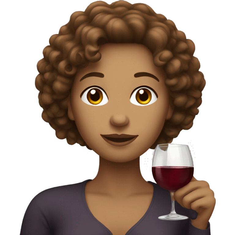 White Woman with curly brown hair drinking wine emoji