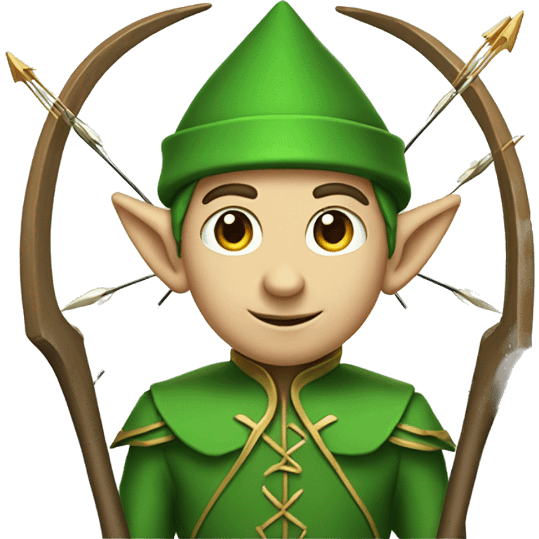 A male elf with a bow and a quiver of arrows in a green suit emoji