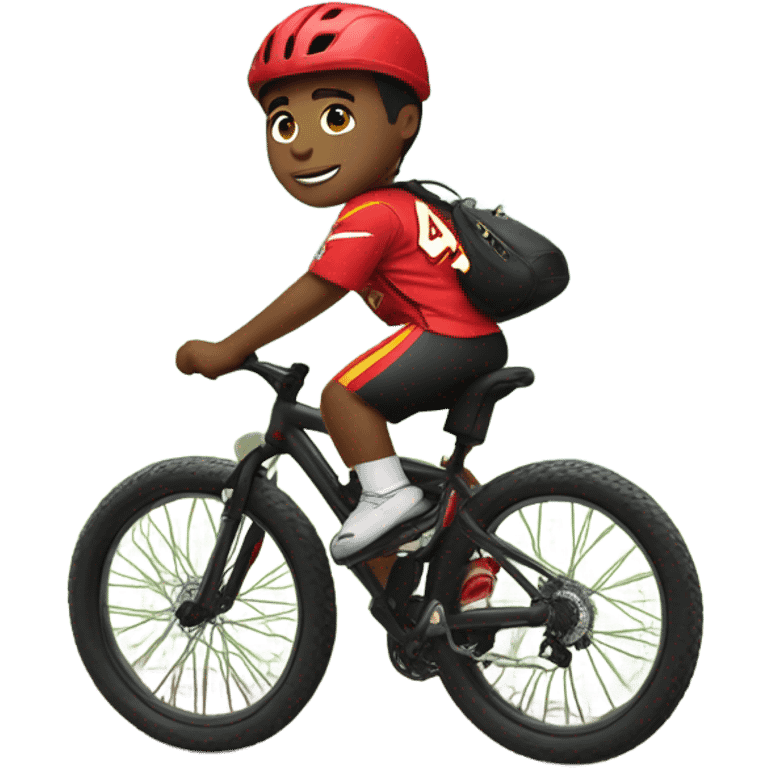 Light skinned boy in Kansas city chiefs fan clothes riding black mountain bike emoji