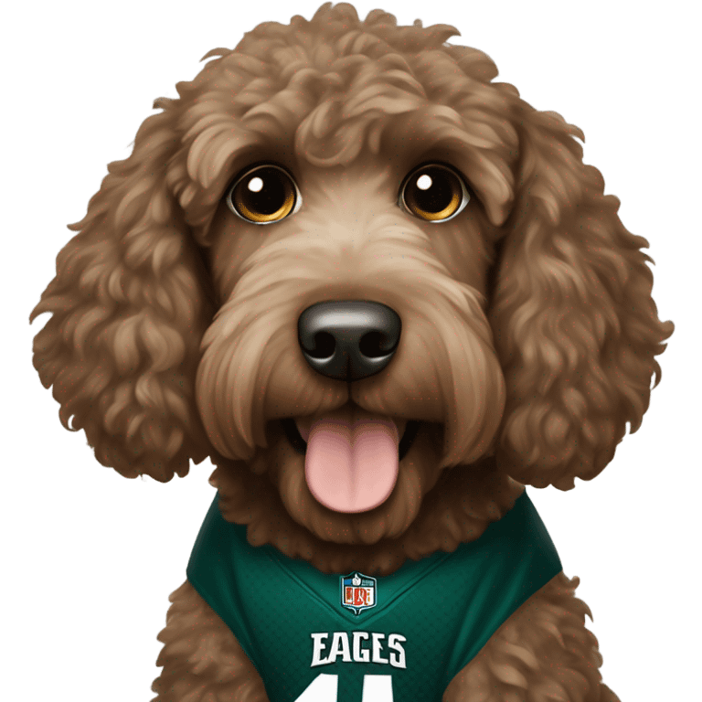 Brownish Labradoodle wearing a Philadelphia eagles jersey emoji