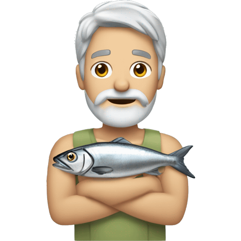 light gray hair man with long hair, light gray beard, open hawaian shirt, holding a sardine fish, and a towel upon his head emoji