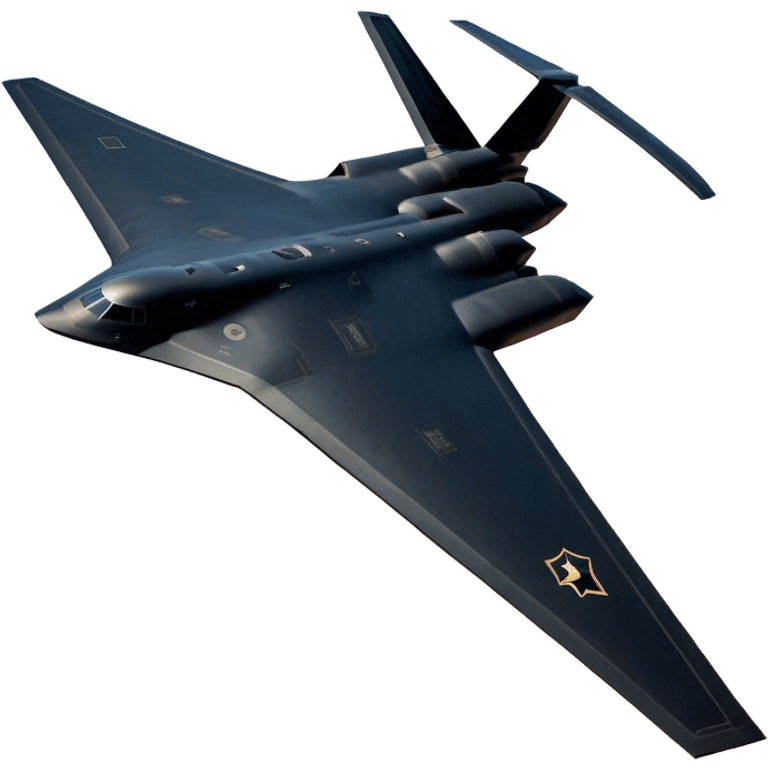 B-2 Spirit bomber - Northrop B-2 (Model Year: 2021) (Iconic colour: Stealth black) - A sleek, stealth bomber with smooth, angular contours and a matte jet-black finish. Emphasize a futuristic, minimalist design with a seamless fuselage, low-profile wings, and an overall intimidating stealth aesthetic. emoji