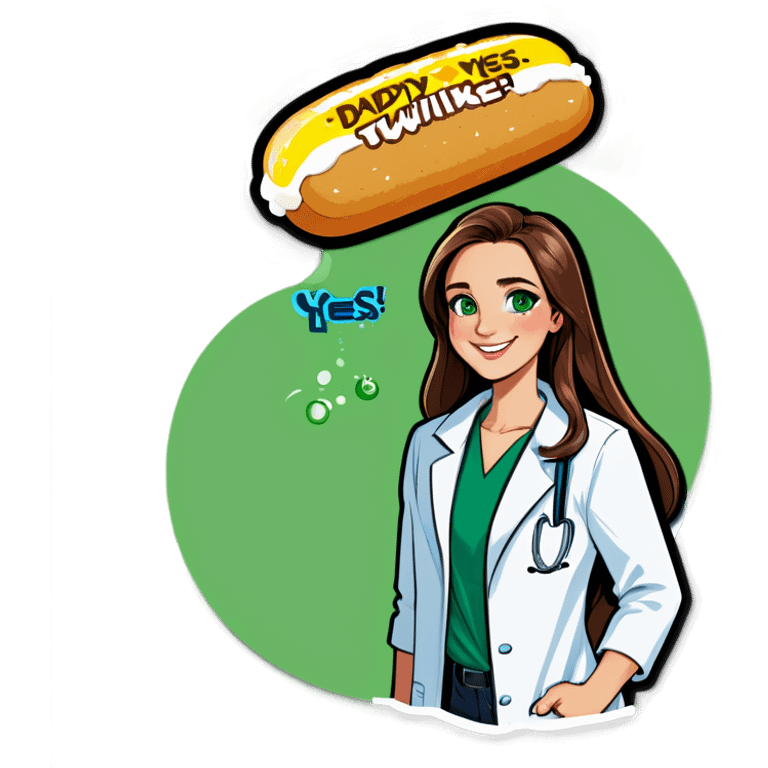 Long brown hair, green eyes, beautiful Scientist with Twinkie cream on her face wearing a lab coat smiling and her T-shirt says daddy yes emoji