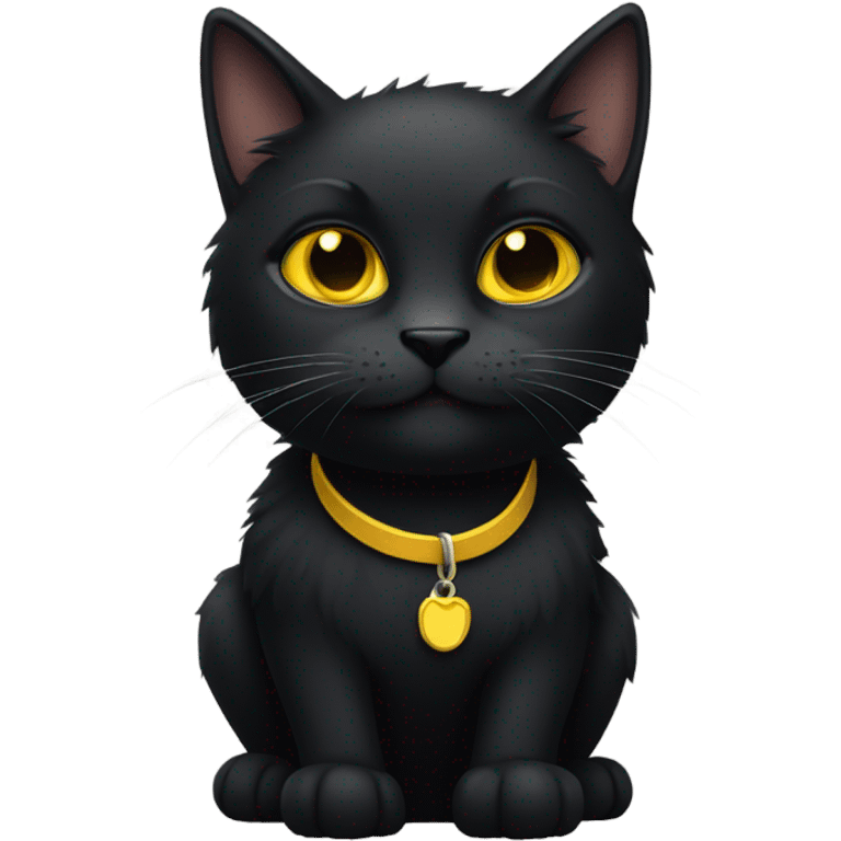 a black furry cat with yellow eyes and a collar  emoji