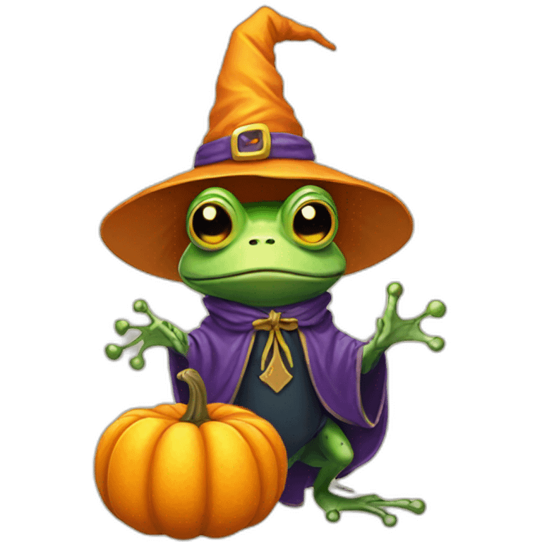 Wizard frog with pumpkin with Skeleton outfit emoji