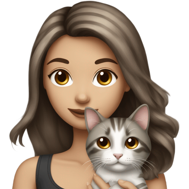 Beautiful brown haired tattooed woman holding gray and white striped long hair cat emoji