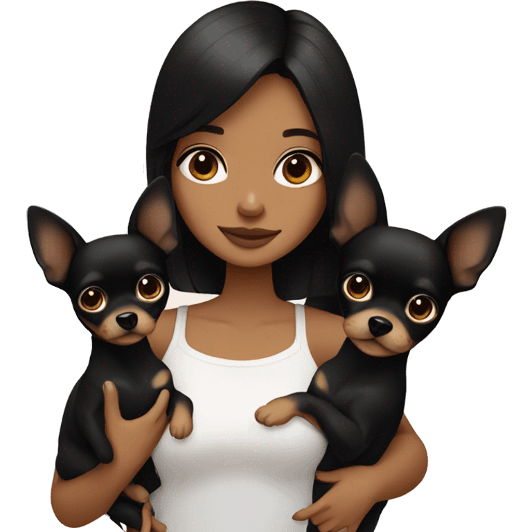 girl with black hair holding 2 all black chihuahuas emoji