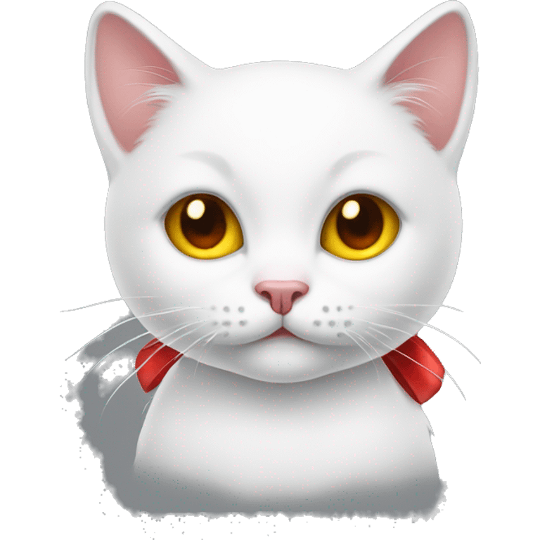 White kitty with red bow and yellow nose emoji