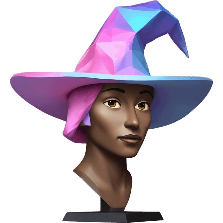 sculpture Mage hat without mannequin. Hat is geometric, faceted design. The hat is standing upright on a base with angular and baroque features. The vibrant midtone tints of pastels and pink highlights the sharp edges and planes. detailed hat emoji